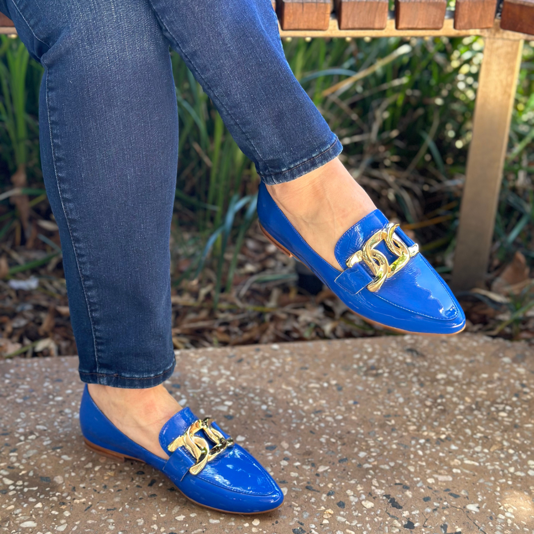 blue patent slip on shoes 