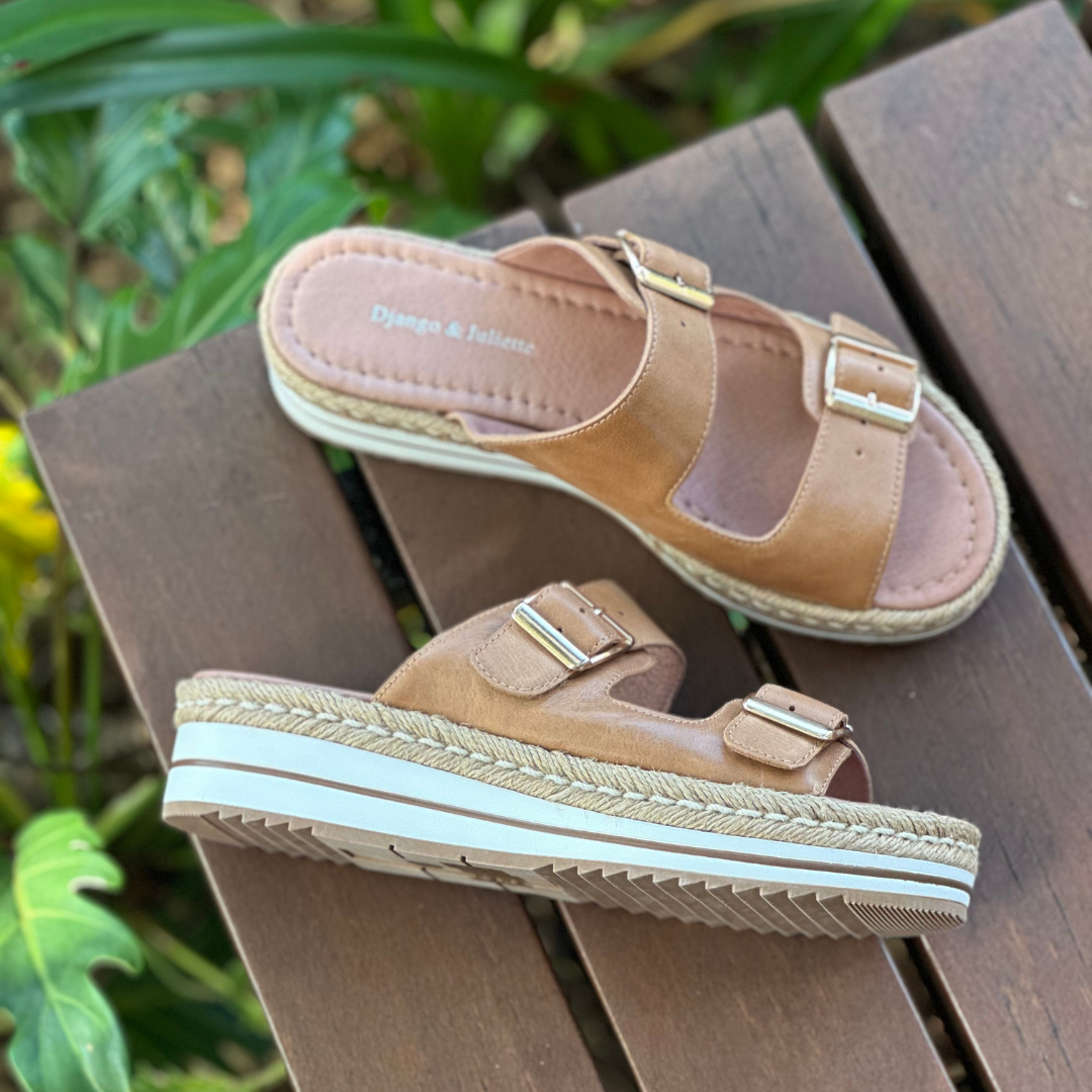 Django & Juliette Axel Tan Platform Slides Shannons Shoes