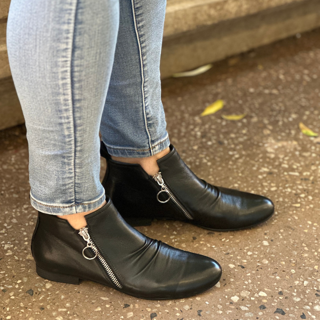 Black Low Leather Boots with side zips 