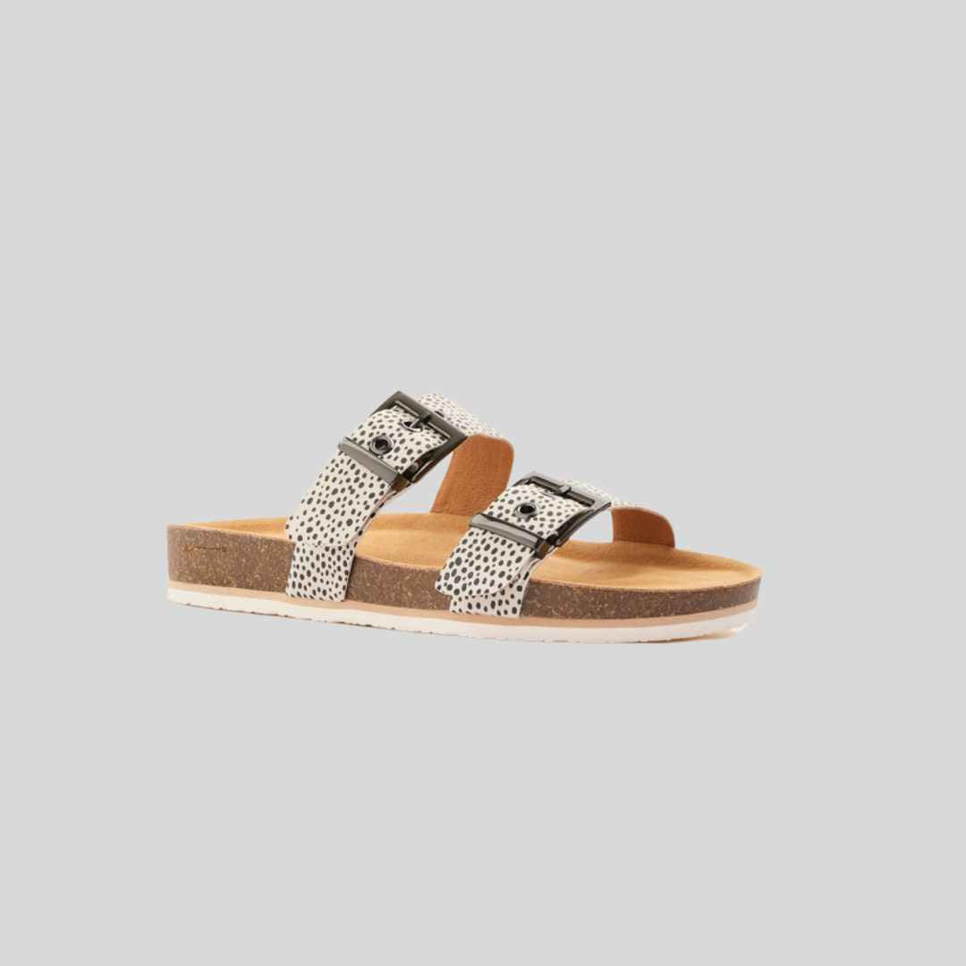 2 strap slide with arch support in leopard print leathers 