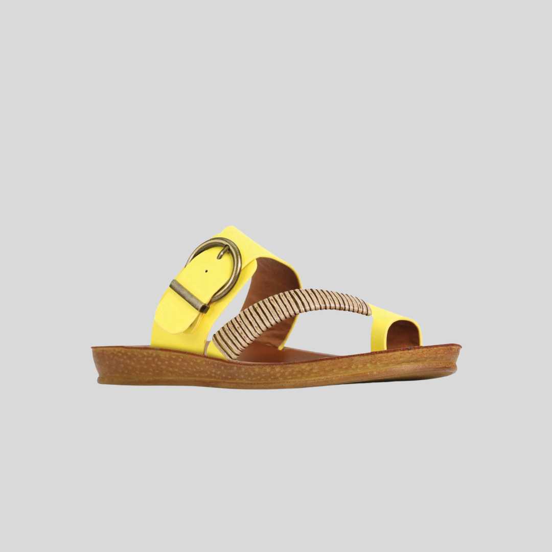 womens yelloow slides with adjustable buckle