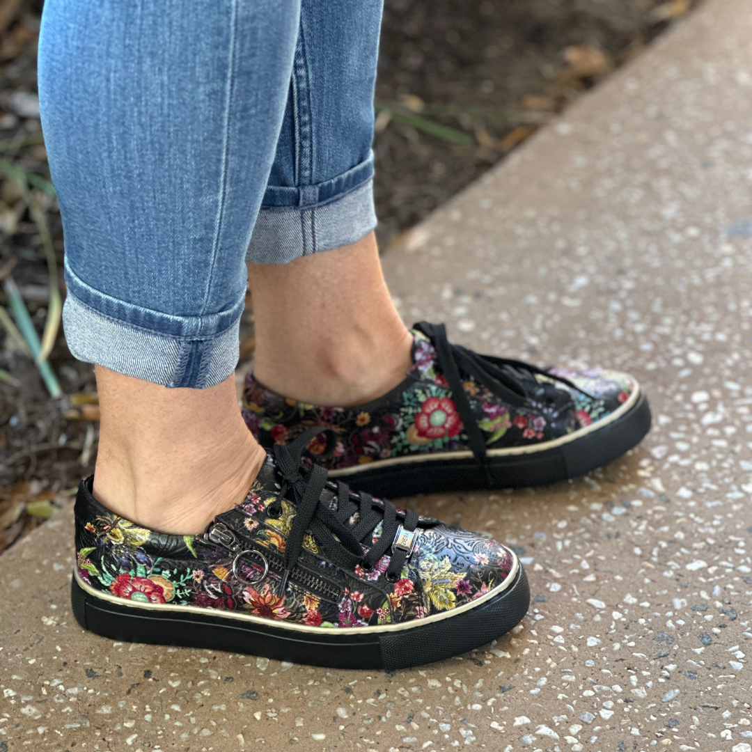 Black Sneakers with Floral detail on leather side zip sneakers