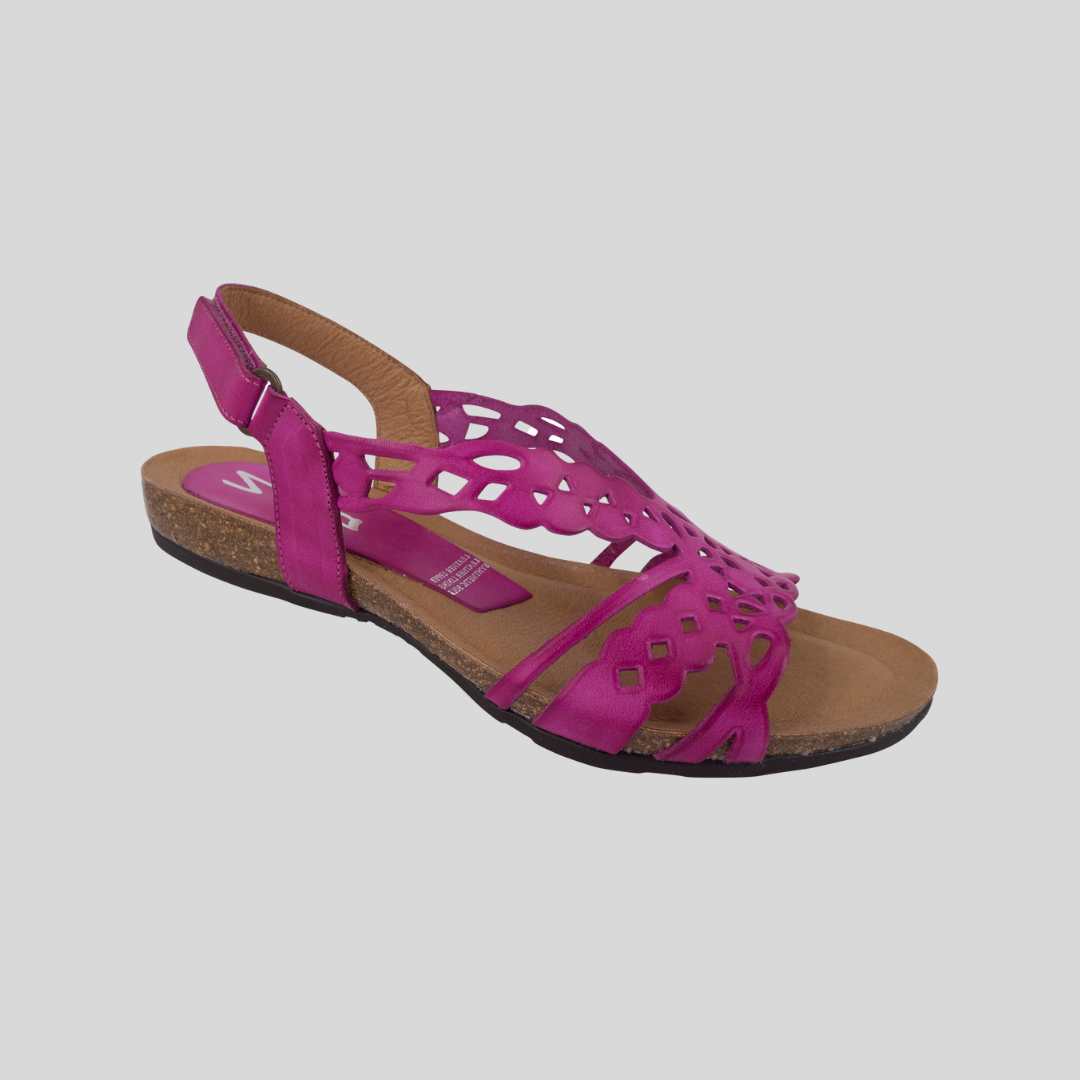 Pink womens sandals with velcro adjustment at heel 