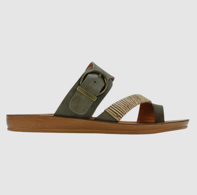 Los Cabos Bria Khaki slide with bamboo trim and buckle detail on top strap