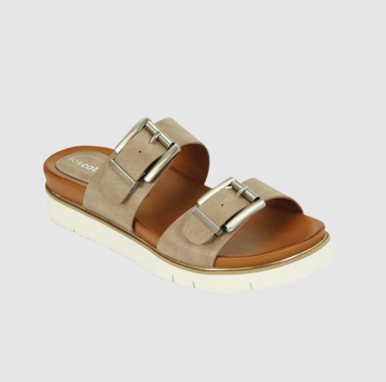 taupe double buckle slides