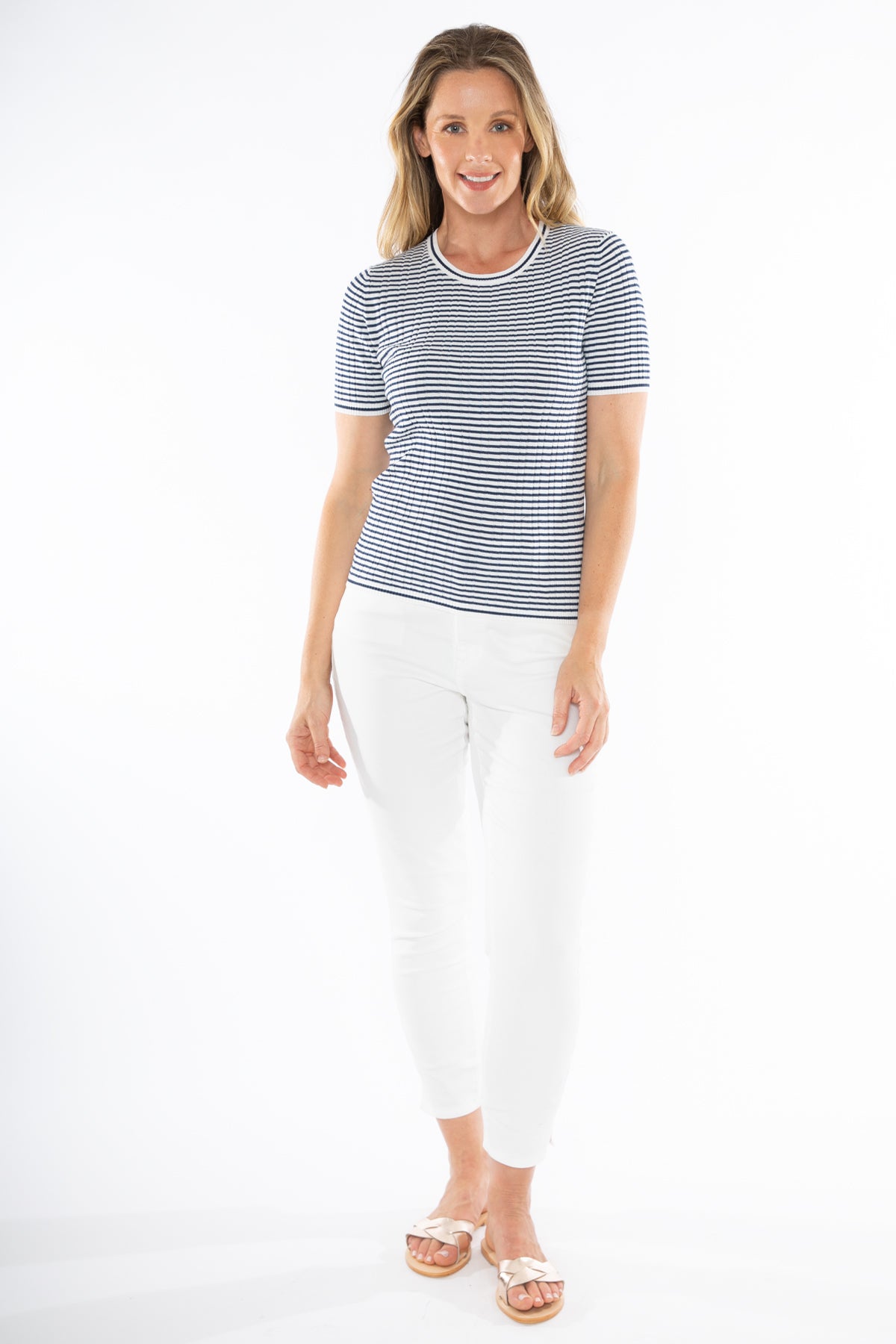 Jump S/S Stripe Rib Knit - White/Indigo