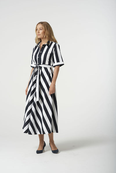 Goondiwindi Cotton Bias Cut Thick Stripe Dress - Navy Stripe
