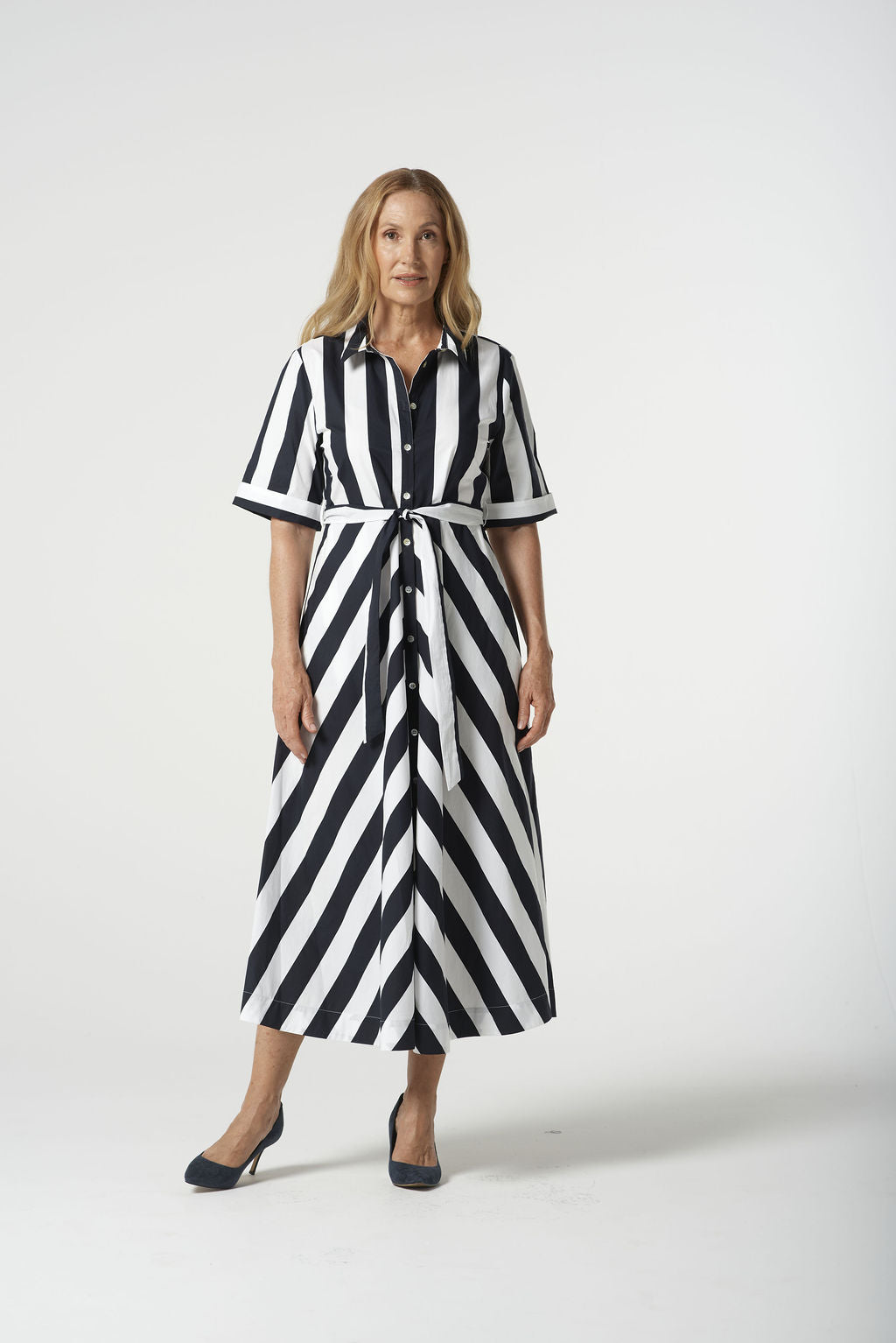 Goondiwindi Cotton Bias Cut Thick Stripe Dress - Navy Stripe