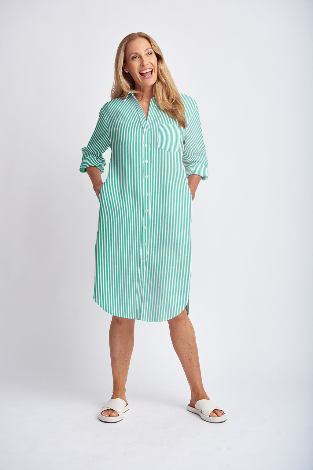 Goondiwindi Cotton 3/4 Sleeve Dress - Green/White Stripe