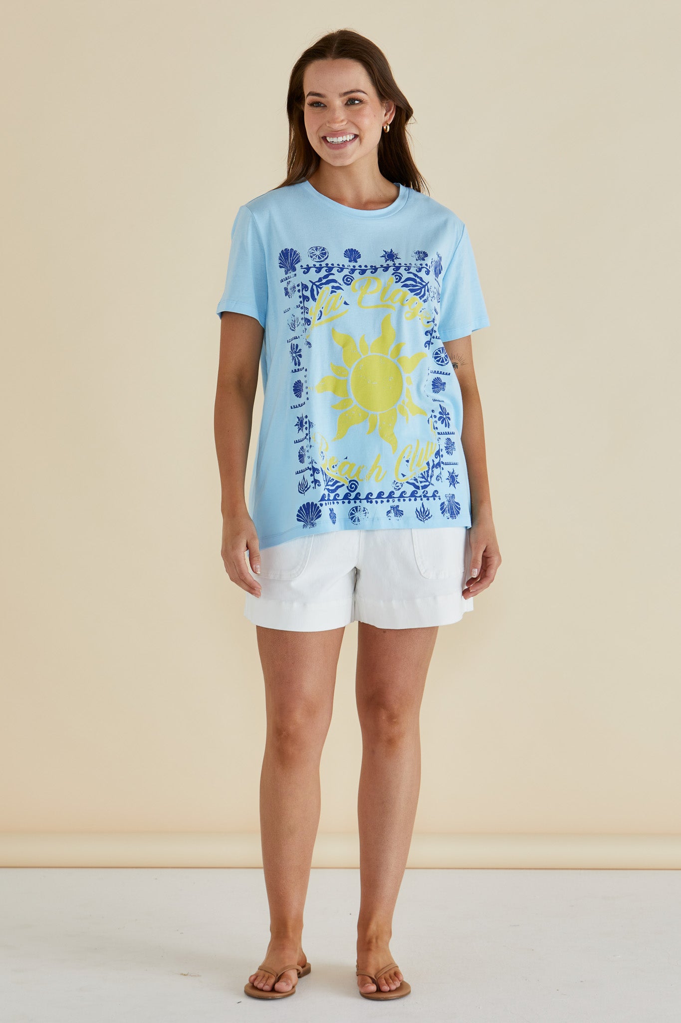 Betty Basics Ellia Crew Tee - La Plage Print Blue
