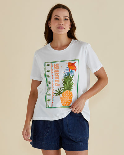 Betty Basics Ellia Crew Tee - Paradise Beach Print White