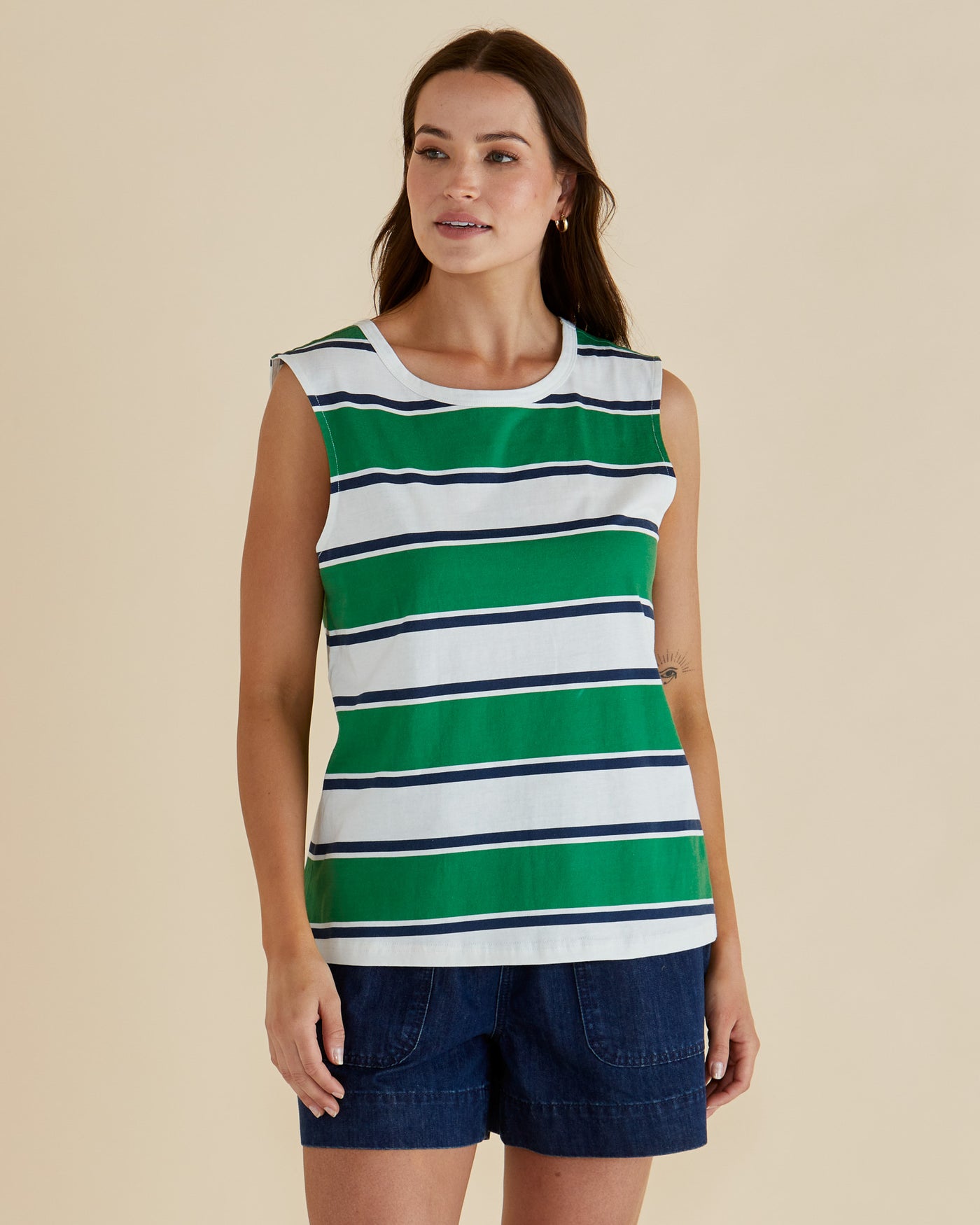 Betty Basics BB1096 Jordyn Tank - Navy/Green Stripe