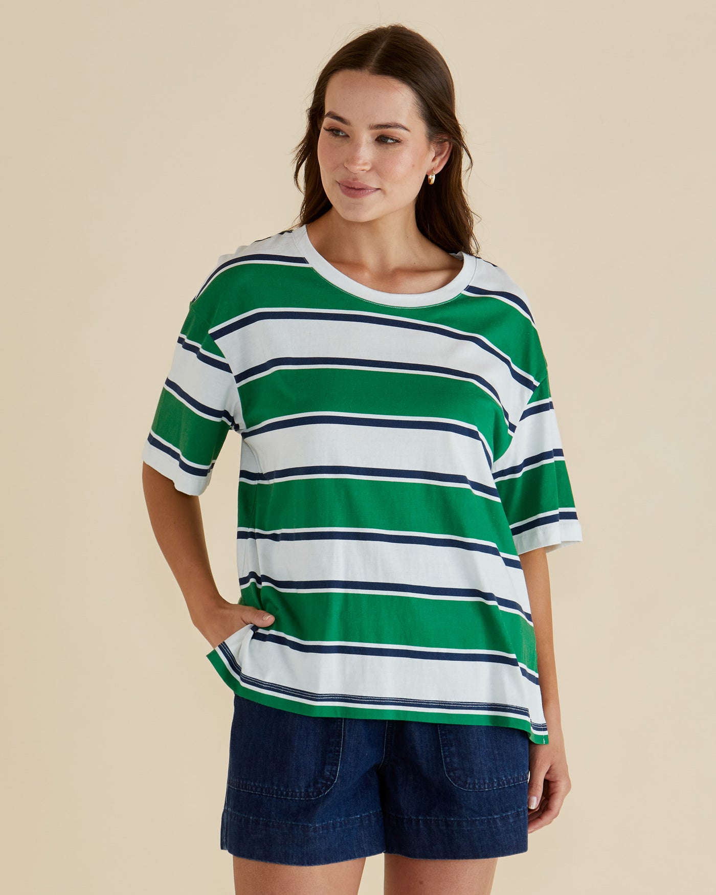 Betty Basics BB2072 Relax Boxy Tee - Navy/Green Stripe