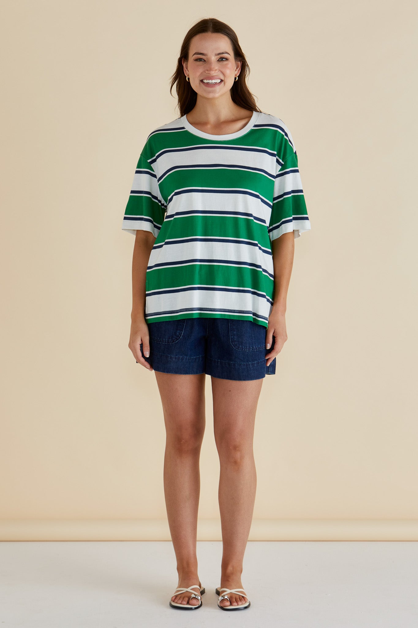 Betty Basics BB2072 Relax Boxy Tee - Navy/Green Stripe