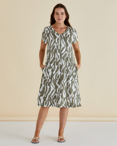 Betty Basics Elwood Dress - Olive Geometric Print