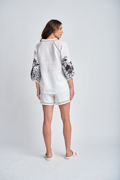 Cloth+Paper+Scissors Embroidered Sleeve Blouse - White/Smoke