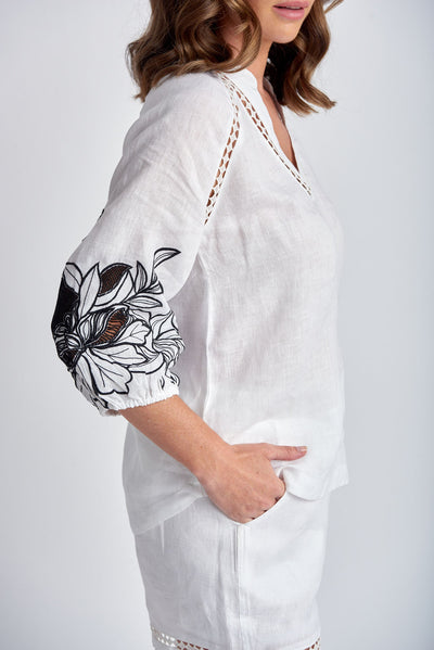 Cloth+Paper+Scissors Embroidered Sleeve Blouse - White/Smoke