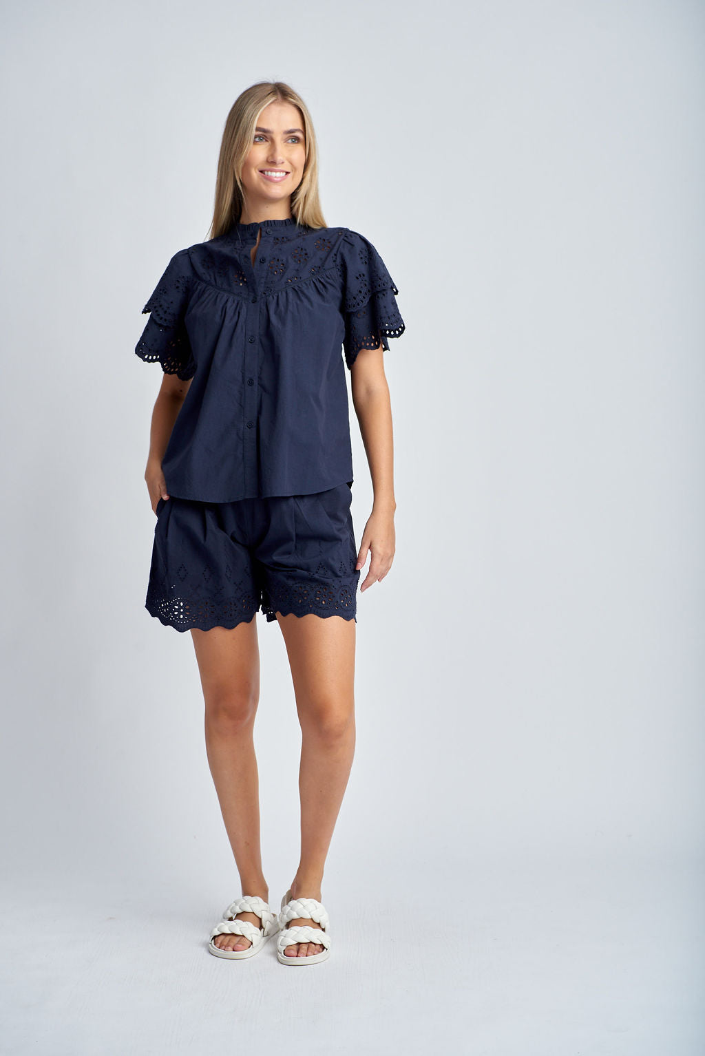 Cloth+Paper+Scissors Frill Embroidered Sleeve Shirt - Navy