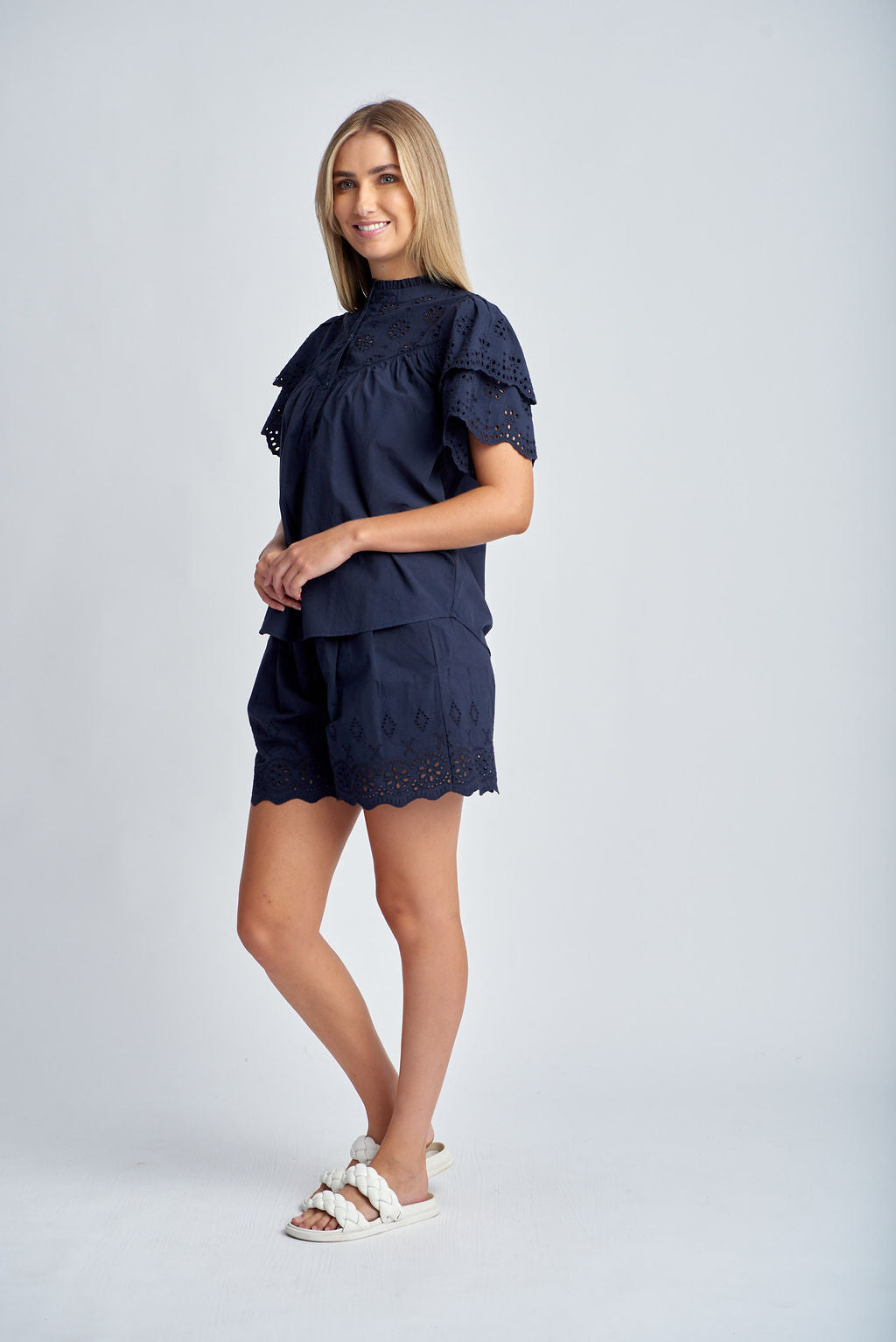 Cloth+Paper+Scissors Frill Embroidered Sleeve Shirt - Navy