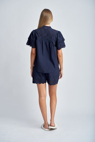 Cloth+Paper+Scissors Frill Embroidered Sleeve Shirt - Navy