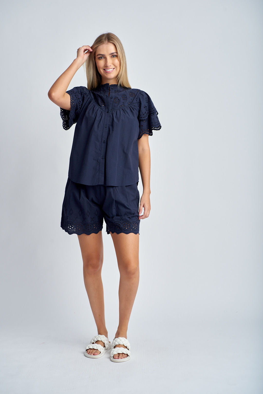 Cloth+Paper+Scissors Frill Embroidered Sleeve Shirt - Navy