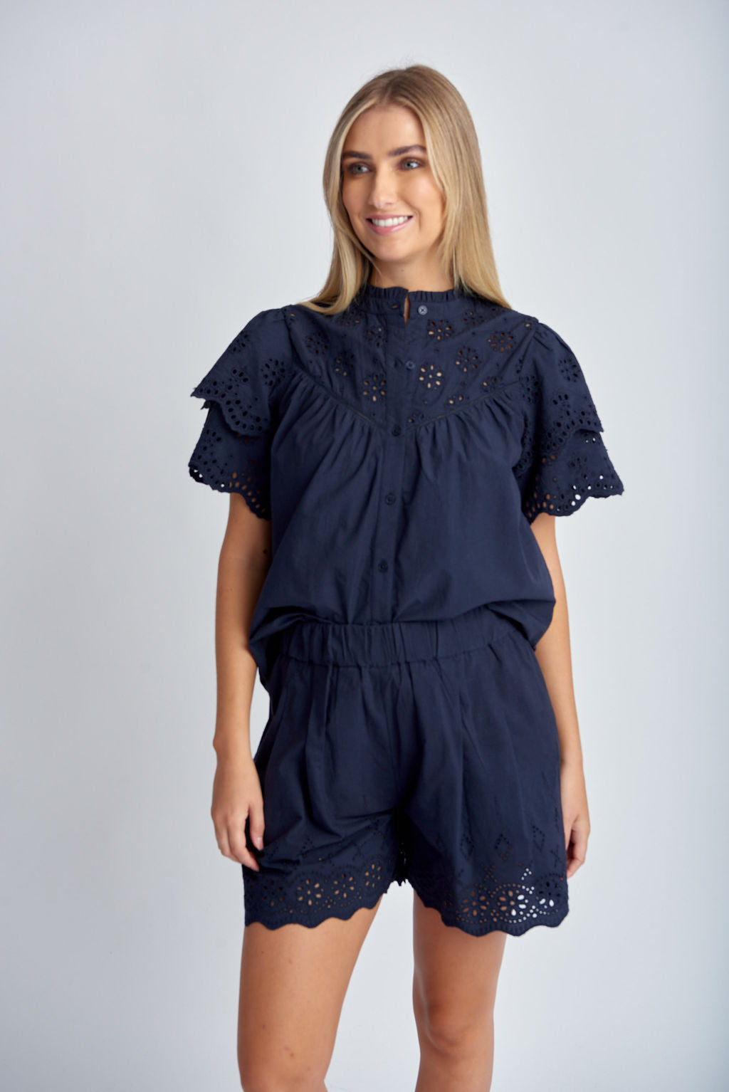 Cloth+Paper+Scissors Embroidered Hem Shorts - Navy