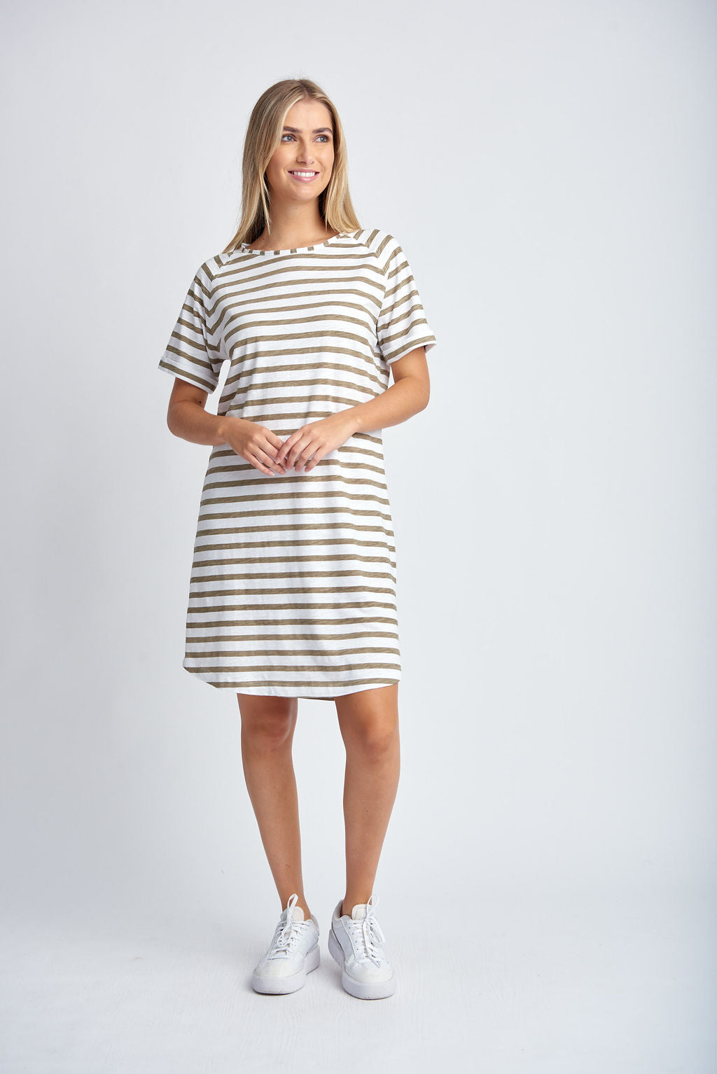 Cloth+Paper+Scissors Raglan Sleeve Dress - White/Twig Stripe