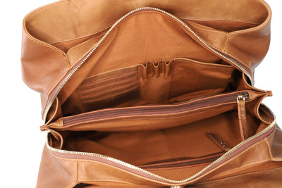 Inside tan leather handbag