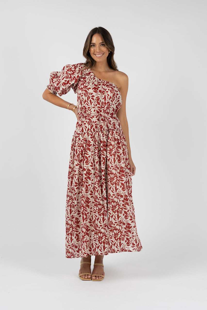 Humidity Eden One-Shoulder Dress - Brick Print