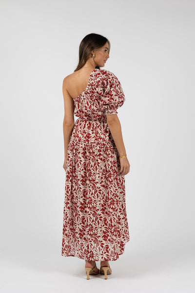 Humidity Eden One-Shoulder Dress - Brick Print