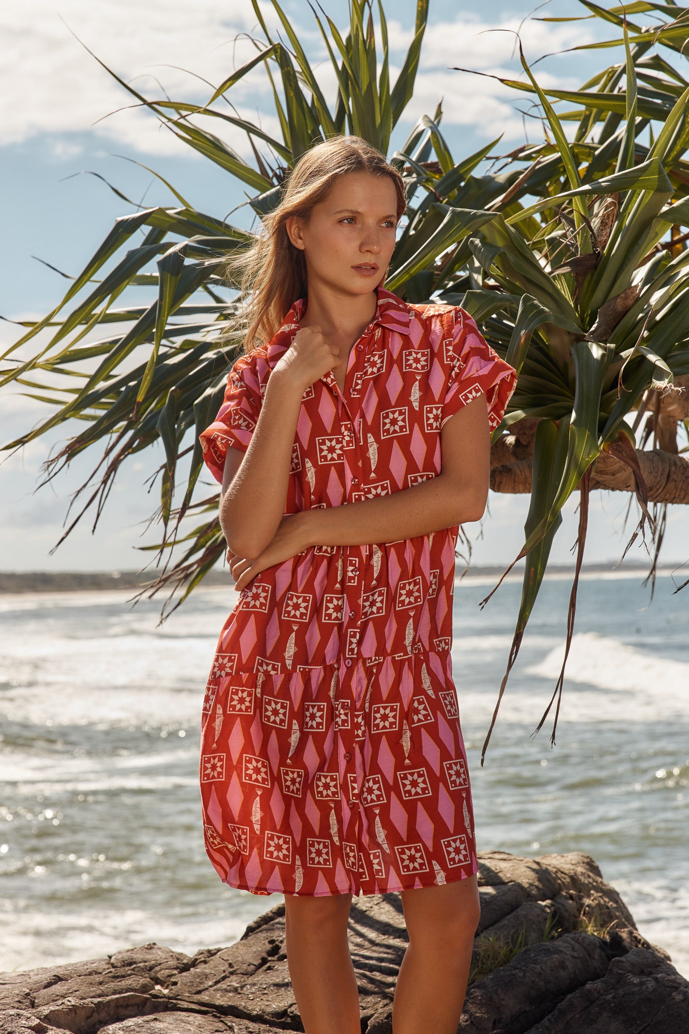 Betty Basics BB8484 Copacabana Shirt Dress - Sardinia Geo Print Red