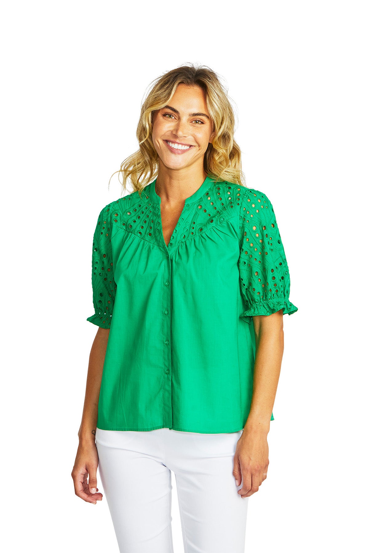 Ping Pong Rose Broderie Blouse - Parrot