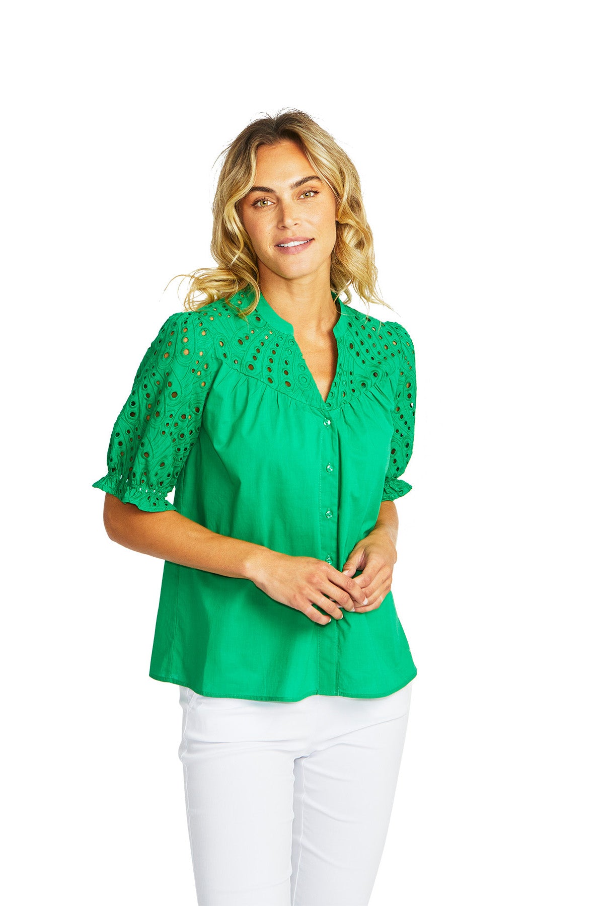 Ping Pong Rose Broderie Blouse - Parrot