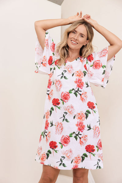 See Saw SS425 V Neck Flutter Sl Dress - Roses