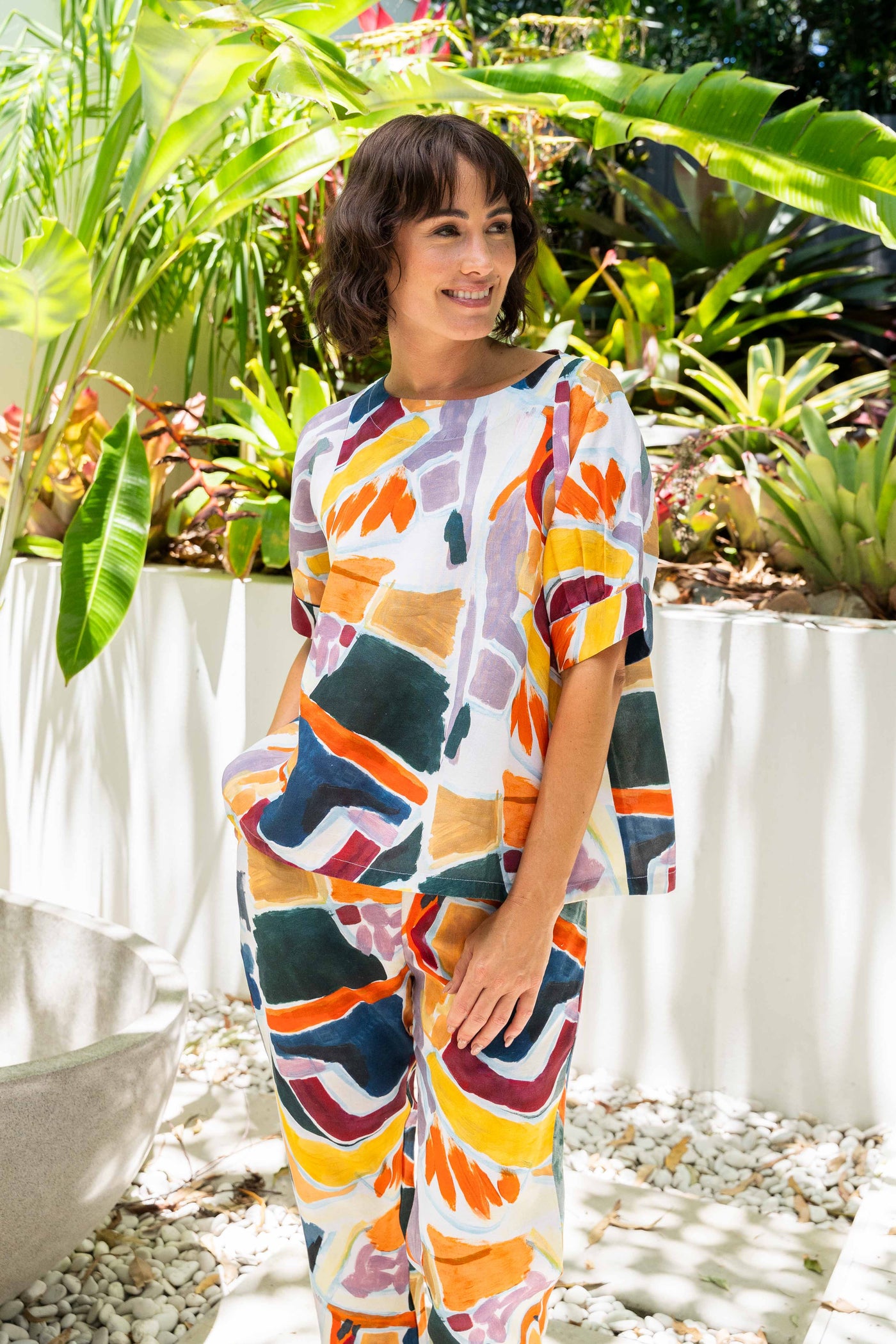 See Saw SS441 Cuff Sleeve Top - Abstract