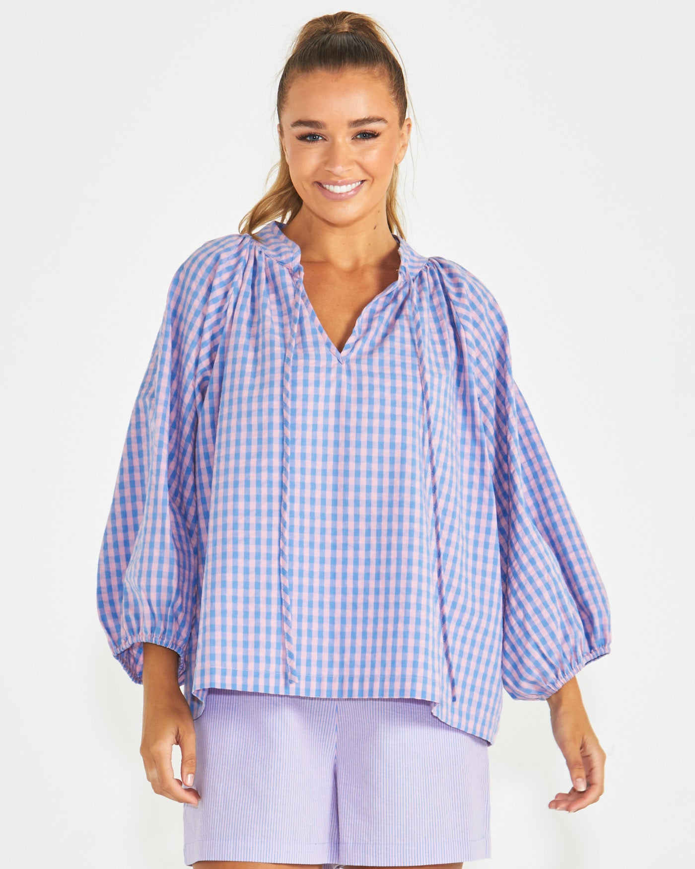 Sass Phillipa Top - Blue/Pink Gingham