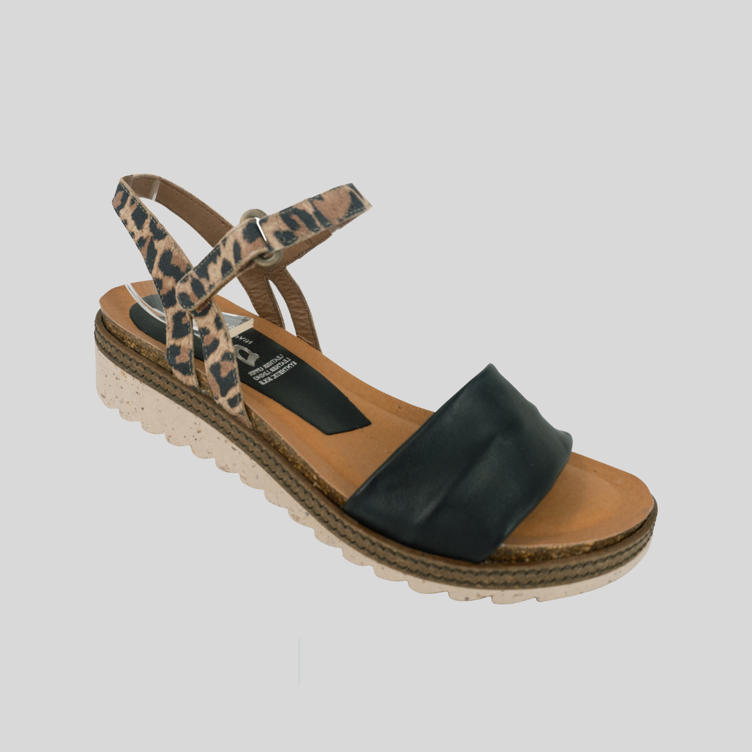 Zeta wedge sandals with black tubed leather and leopard print straps at instep