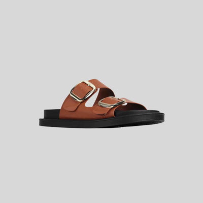 Brandy Tan Double buckle slides with black sole