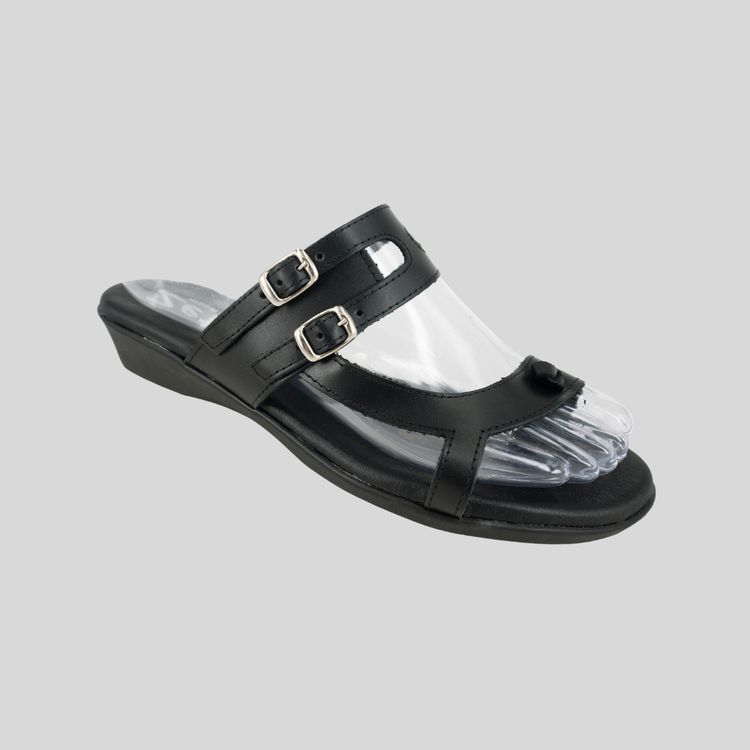 miriea black slides with toe piece and double buckle adjustability