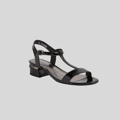 low heel dressy black patent sandals by django and juliette