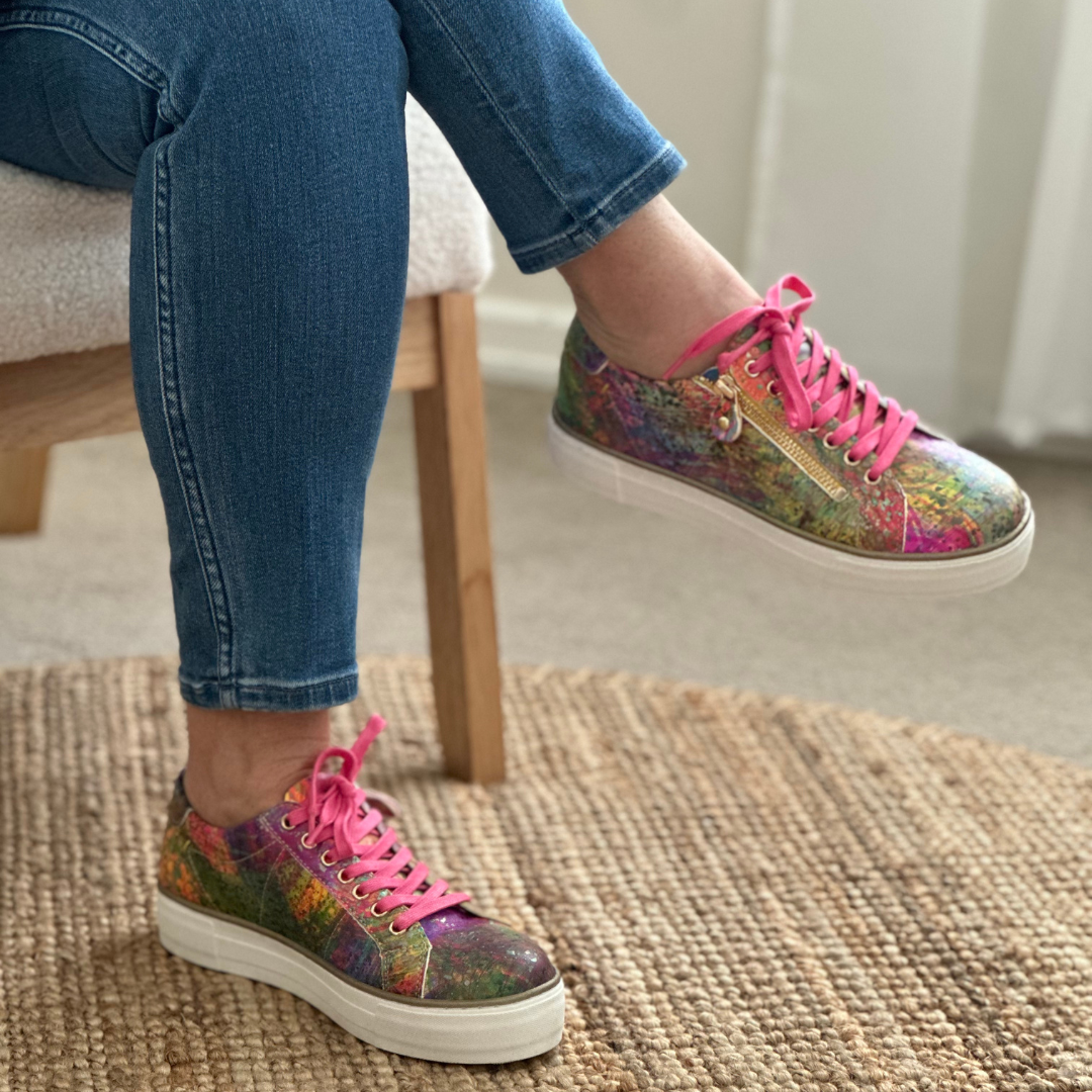 Bright multi leather sneakers with pink lace white sole