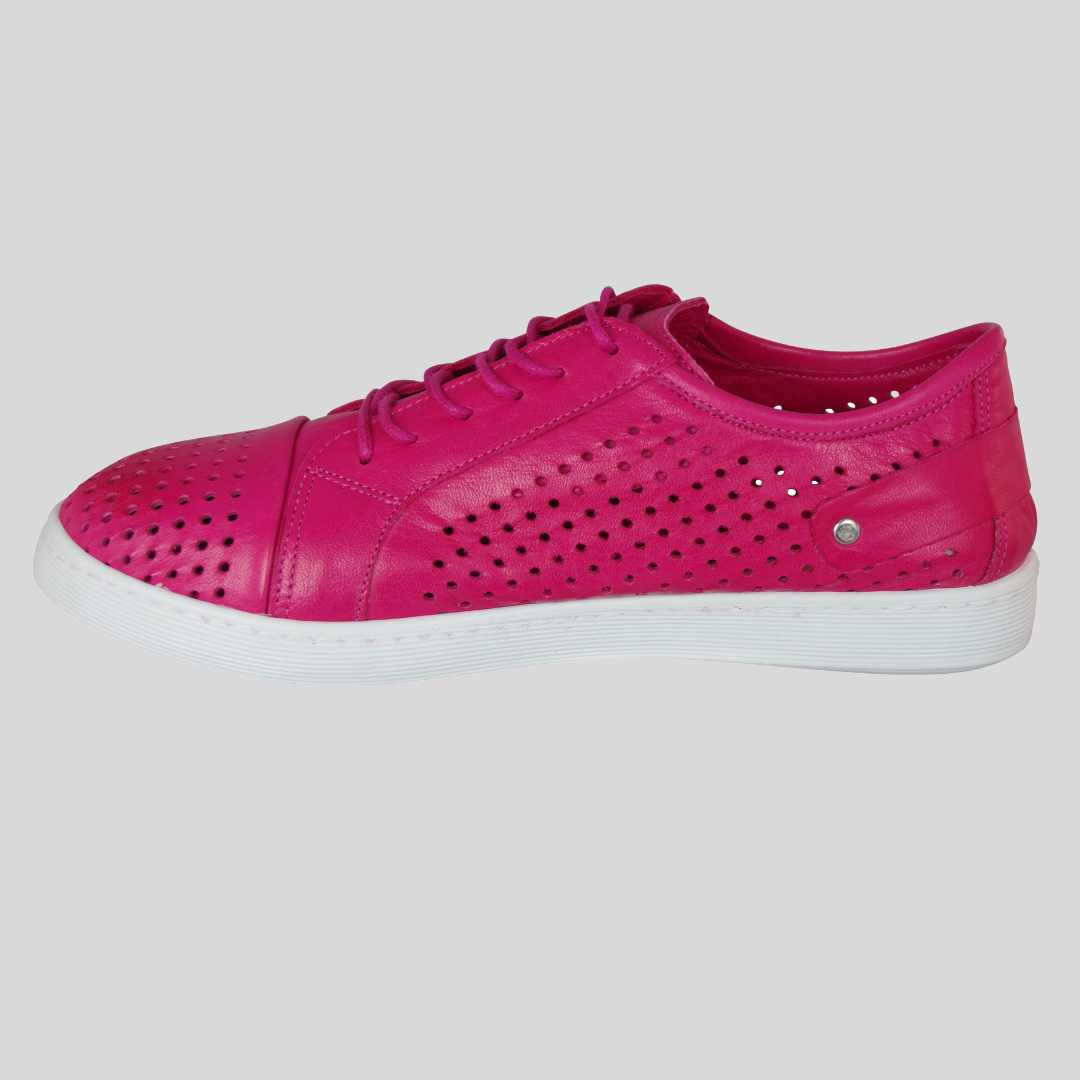 Hot Pink leather punched sneakers with side zip - white soles