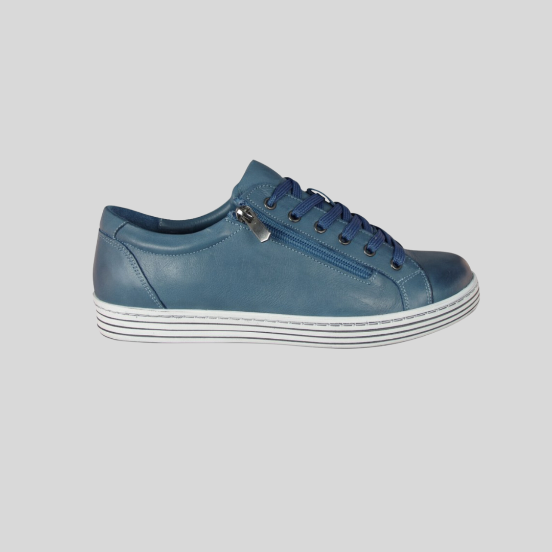 Denim Blue Leather Sneakers with side Zip 
