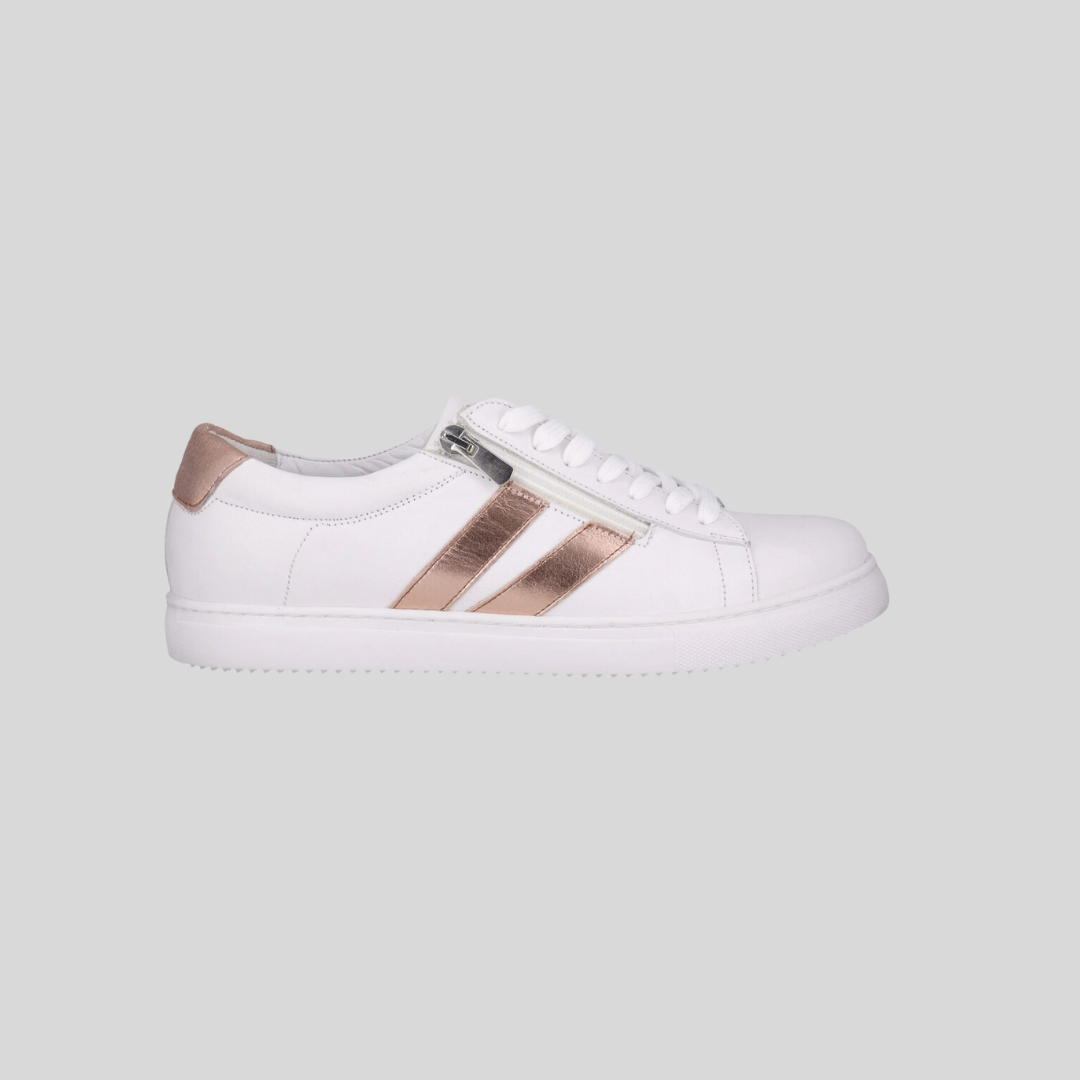 cabello white sneakers with gold trim - side zip white soles