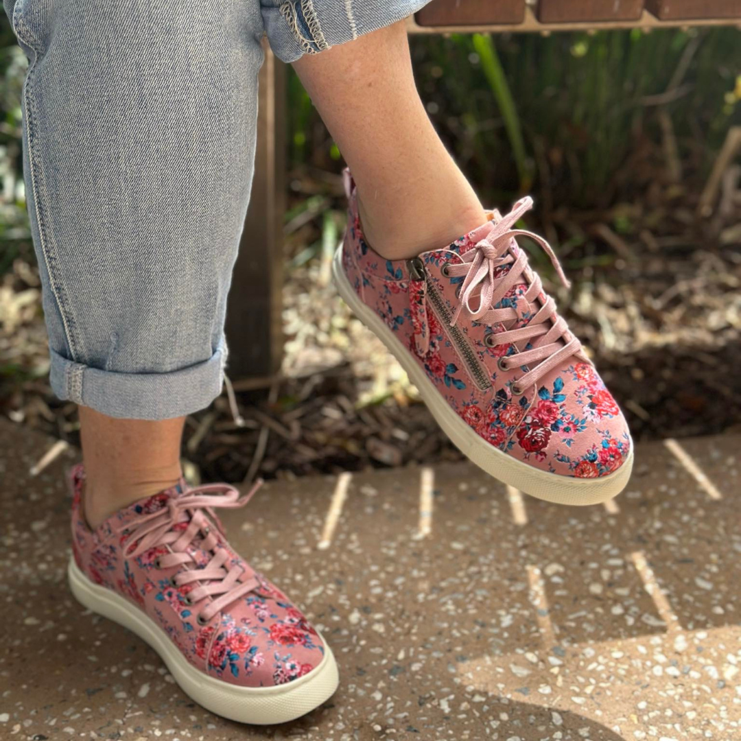 pink floral leather sneakers