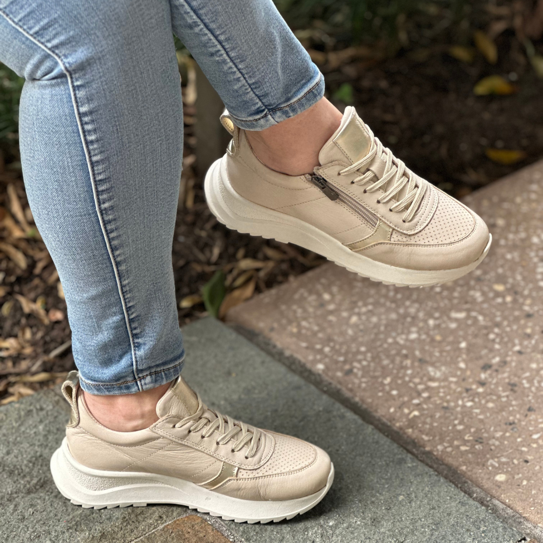 cream and gold lightweight soft leather sneaker