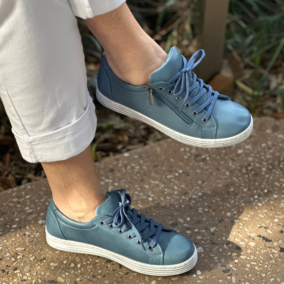 denim blue soft leather sneakers with contrasting sole