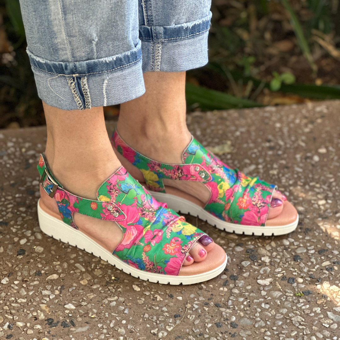 floral sandals with velcr at back strap. Green back ground and Pink blue yellow florals 