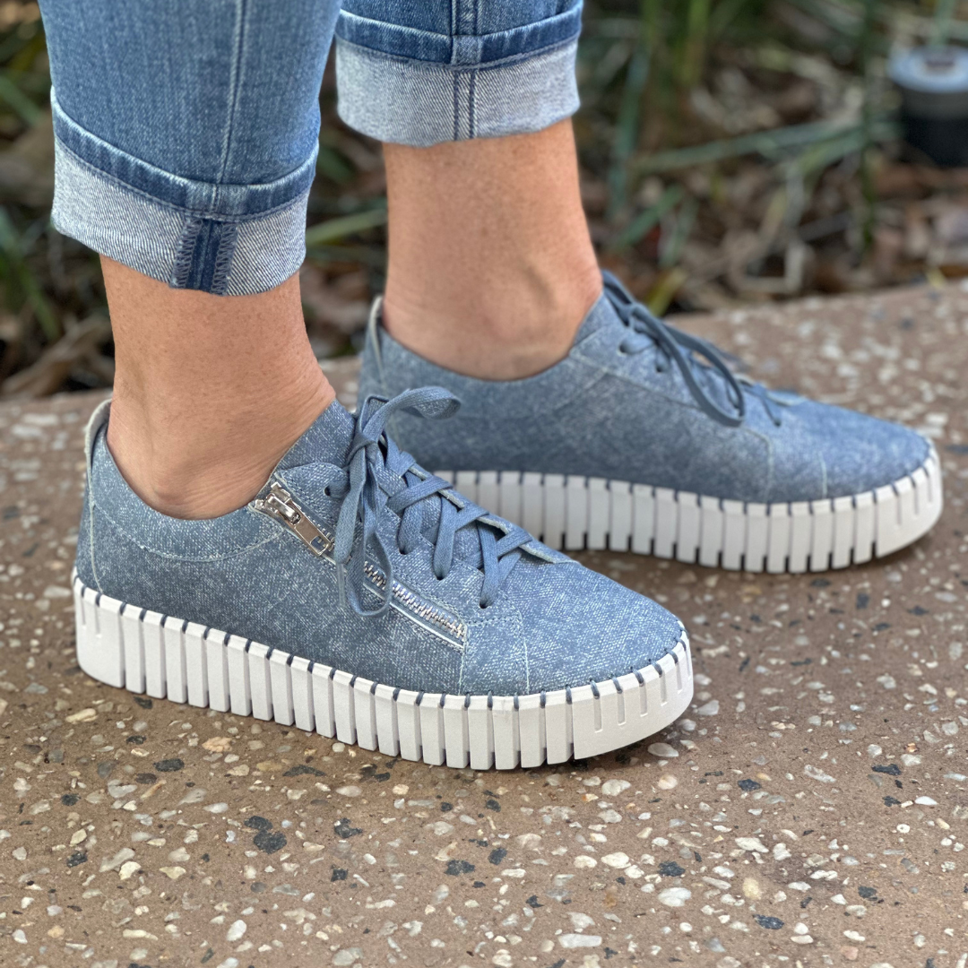 denim blue sneakers with side zip