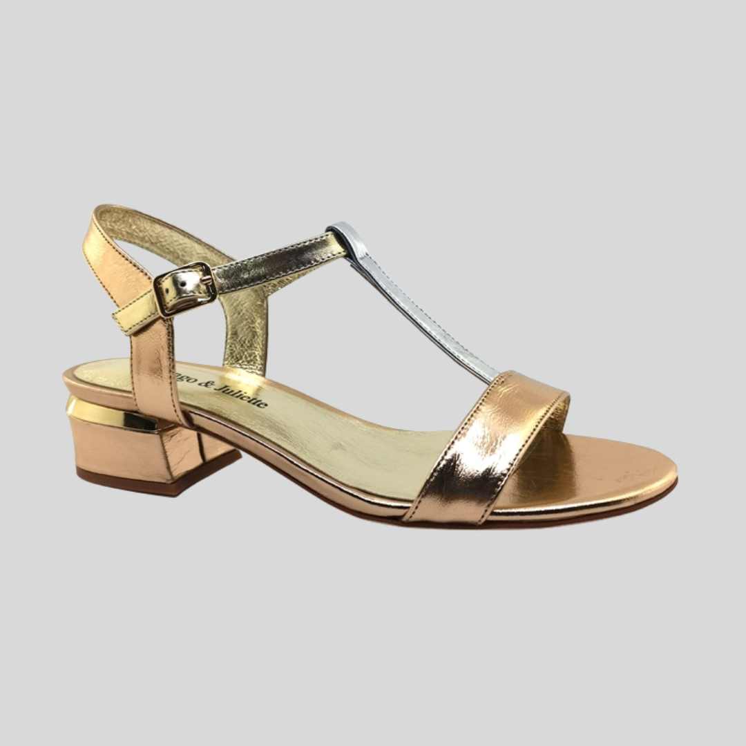 metallic low heel sandals 